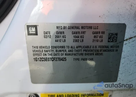 2012 Chevrolet Malibu 1Lt z USA, uszkodzony, nr VIN 1G1ZC5E07CF278425